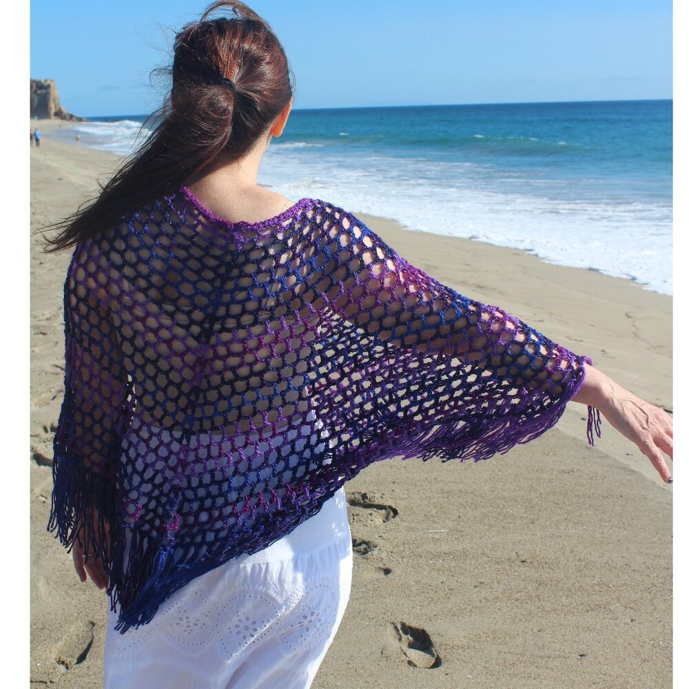 Handmade "Across The Universe" Crochet Poncho with Tassels Purple Lilac Blue Pin